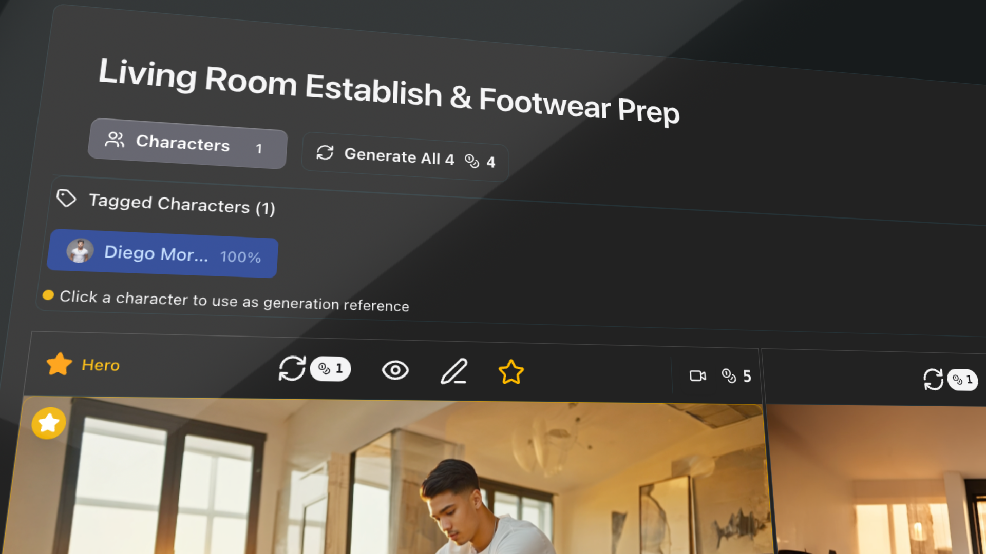 StoryFlow storyboard interface showing shot cards with character tagging and AI-generated images