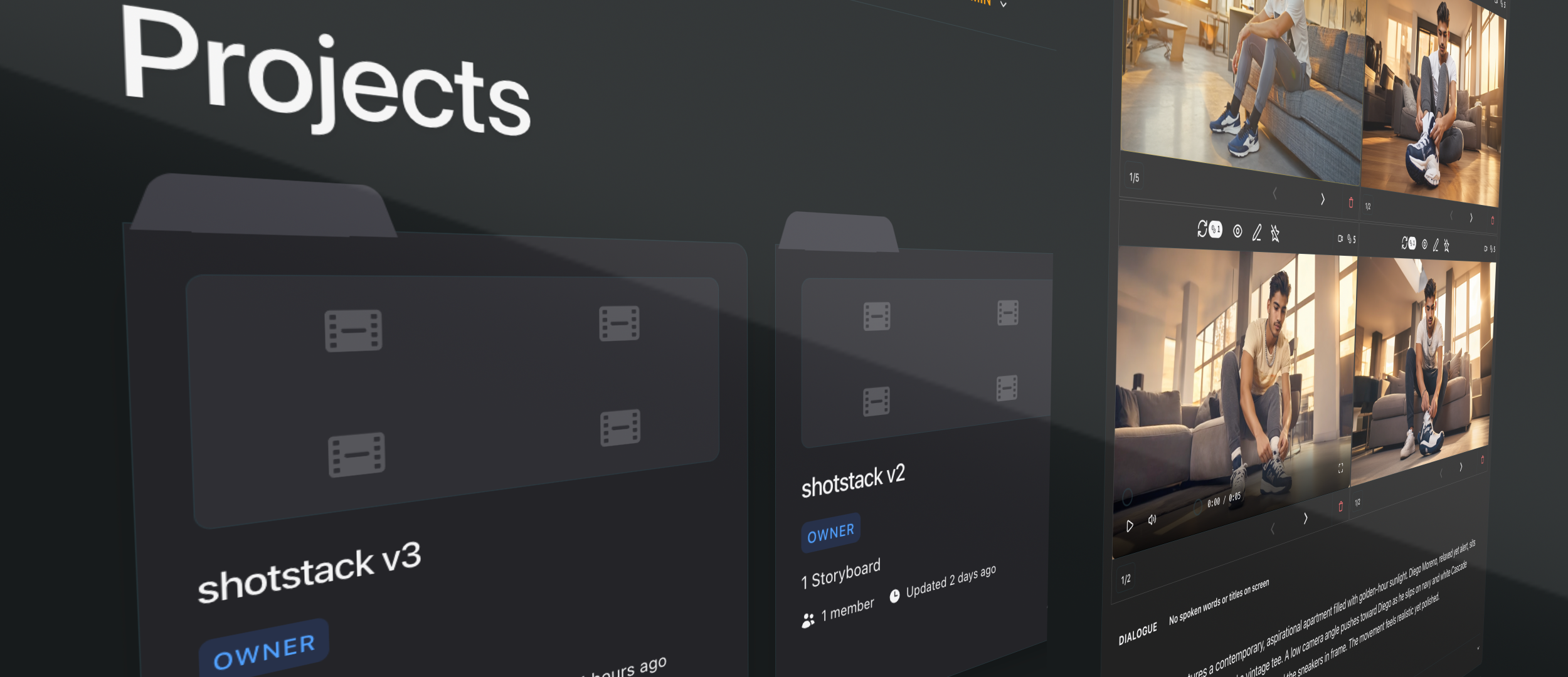 StoryFlow storyboard interface showing shot cards with character tagging and AI-generated images